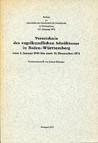 Hölzinger, Verzeichnis des vogelkundlichen Schrifttums in Baden-Württemberg vom (Umschlag)