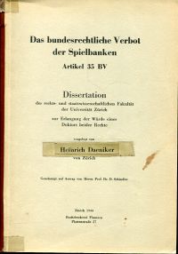 Daeniker, Das bundesrechtliche Verbot der Spielbanken. (Umschlag)